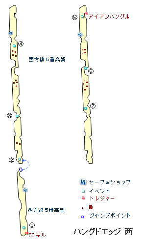 FF13の第1章のハングドエッジの西方線6番高架と西方線5番高架の地図